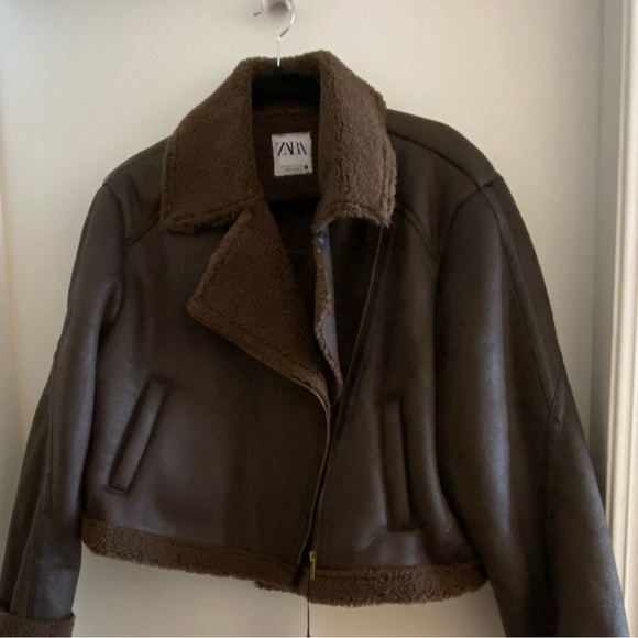 Faux shearling cropped biker jacket brown - Picture 6 of 6